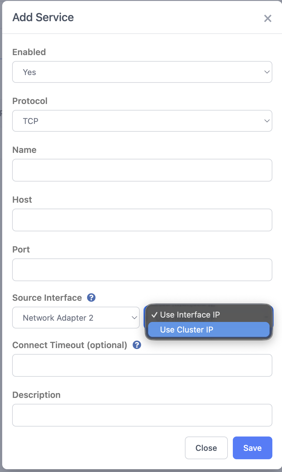 Add Service dialog showing the Source Interface dropdown with Use Interface IP and Use Cluster IP options