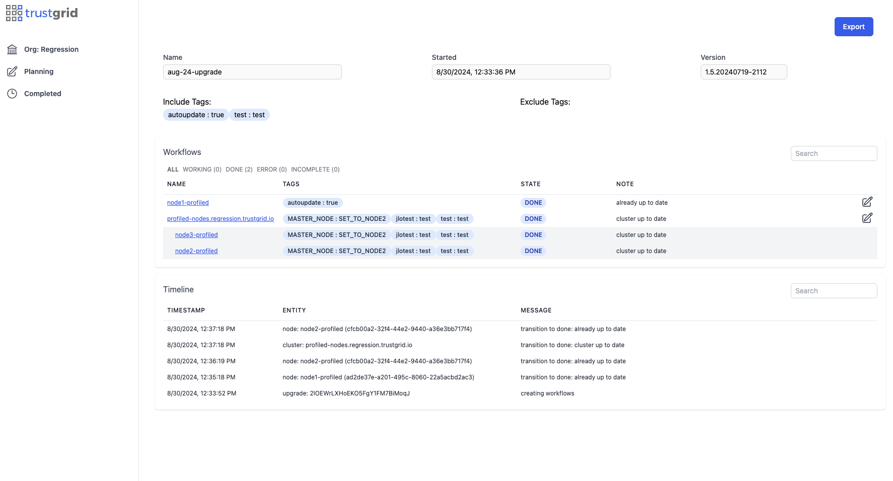 Workflow lists for a completed upgrade