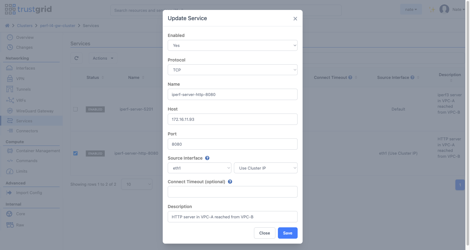 Service configuration dialog with Source Interface set to eth1 and Use Cluster IP selected, forwarding to a backend on TCP 8080