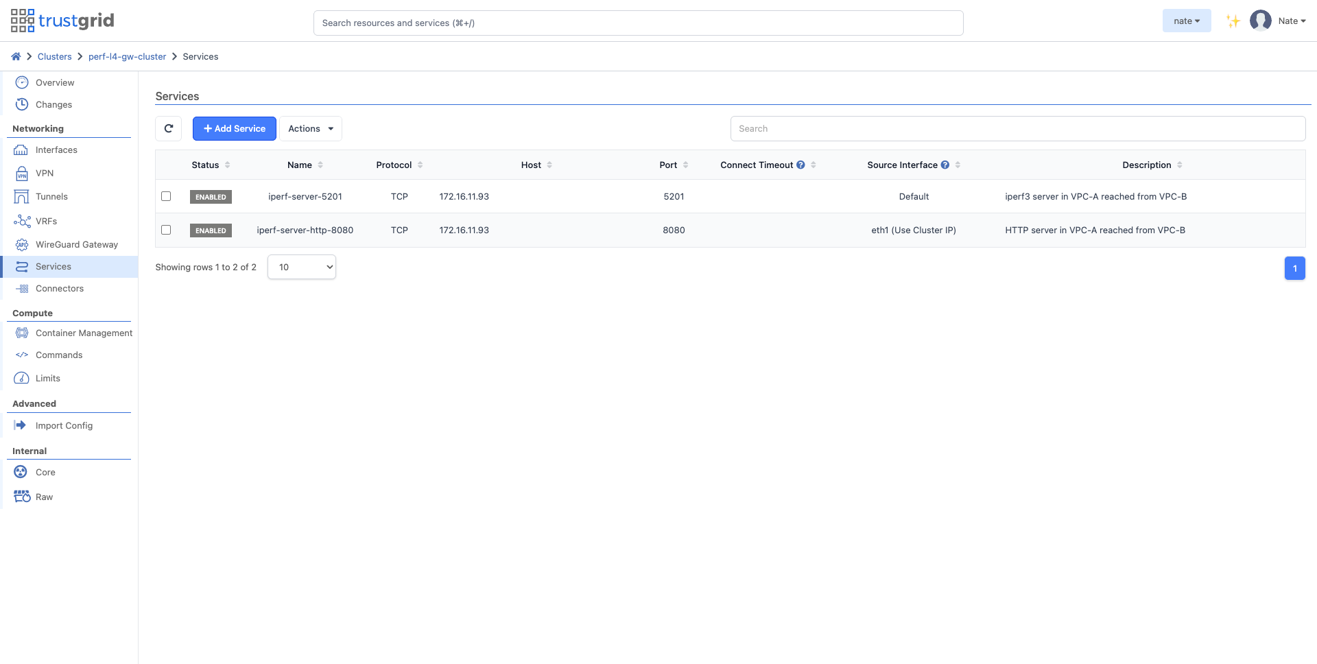Services list showing one service with Source Interface eth1 (Use Cluster IP)